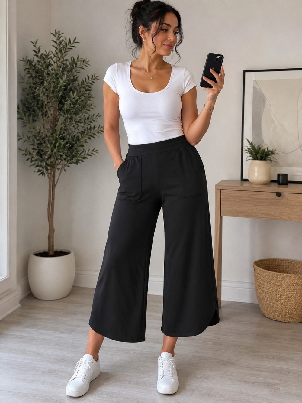 Women'svBaleaf Wide-Leg Cropped Pull-On Pants - Black XL